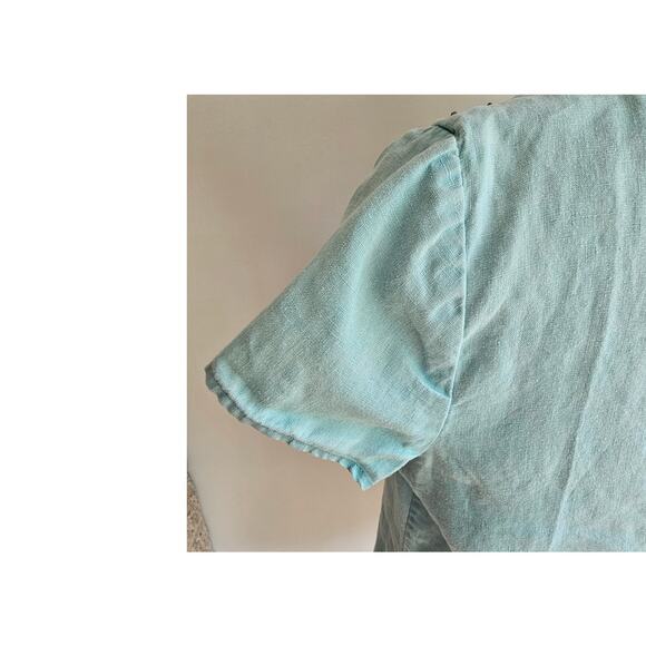 Boden 100% Linen Top Short Sleeve, Beaded Neckline, Turquoise , US Sz 6 - Picture 3 of 9